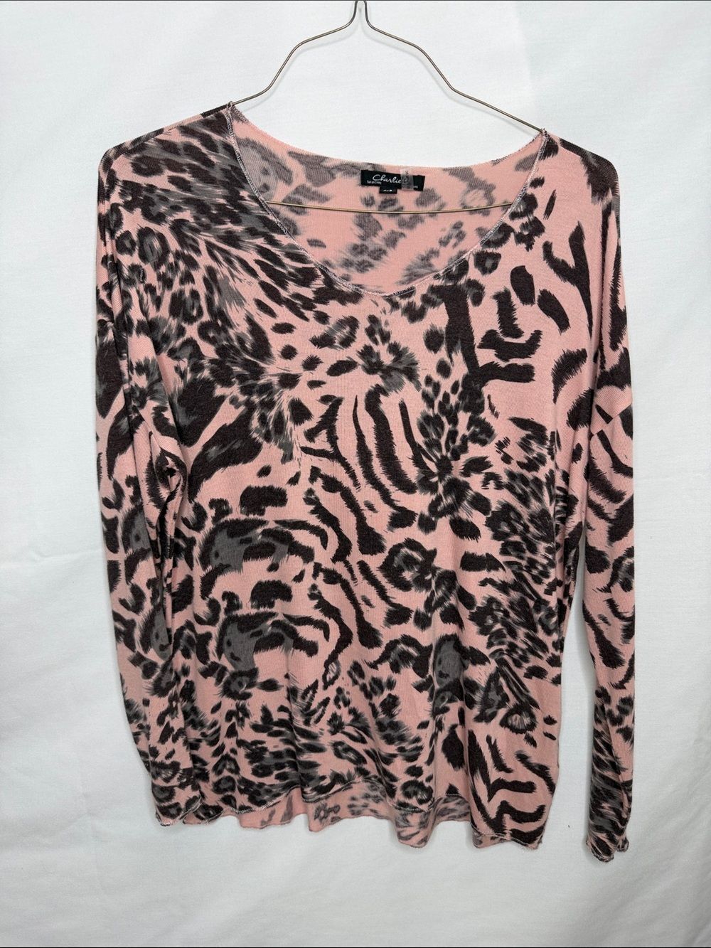 CHARLIE B Pink and Black Animal-Print Long Sleeve Scoop Tee